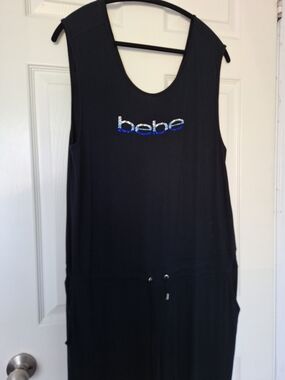 bebe Black Sleeveless Jumpsuit with Blue Logo